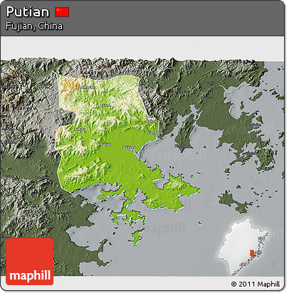 Physical 3D Map of Putian, darken, semi-desaturated
