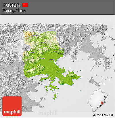 Physical 3D Map of Putian, lighten, desaturated