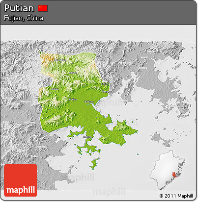 Physical 3D Map of Putian, lighten, desaturated