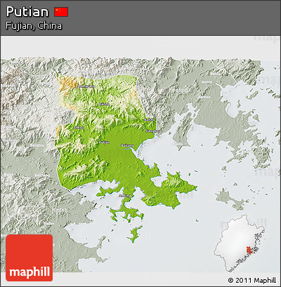 Physical 3D Map of Putian, lighten, semi-desaturated