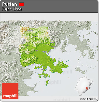 Physical 3D Map of Putian, lighten, semi-desaturated