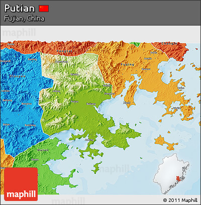 Physical 3D Map of Putian, political outside