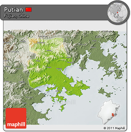 Physical 3D Map of Putian, semi-desaturated