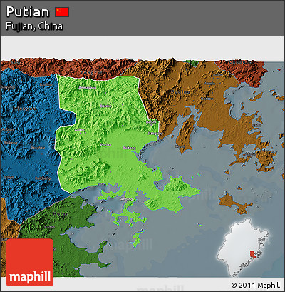 Political 3D Map of Putian, darken