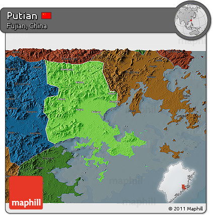 Political 3D Map of Putian, darken