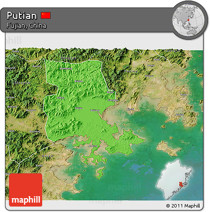Political 3D Map of Putian, satellite outside