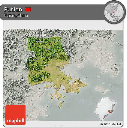 Satellite 3D Map of Putian, lighten, semi-desaturated