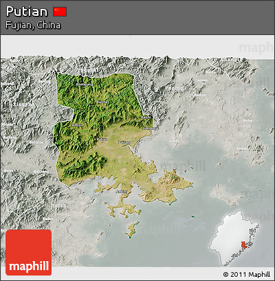 Satellite 3D Map of Putian, lighten, semi-desaturated