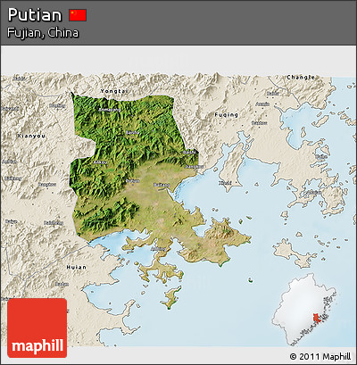 Satellite 3D Map of Putian, shaded relief outside