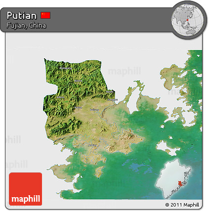Satellite 3D Map of Putian, single color outside