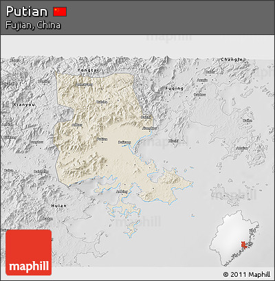 Shaded Relief 3D Map of Putian, desaturated