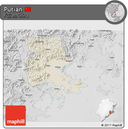 Shaded Relief 3D Map of Putian, desaturated