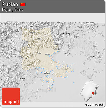 Shaded Relief 3D Map of Putian, desaturated