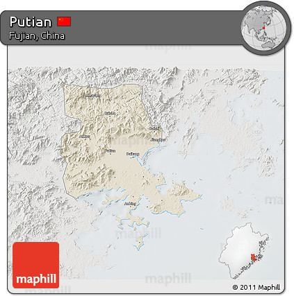 Shaded Relief 3D Map of Putian, lighten, semi-desaturated