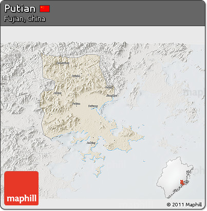 Shaded Relief 3D Map of Putian, lighten, semi-desaturated