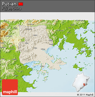 Shaded Relief 3D Map of Putian, physical outside