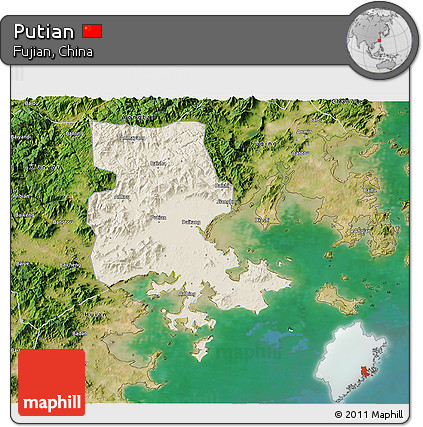 Shaded Relief 3D Map of Putian, satellite outside