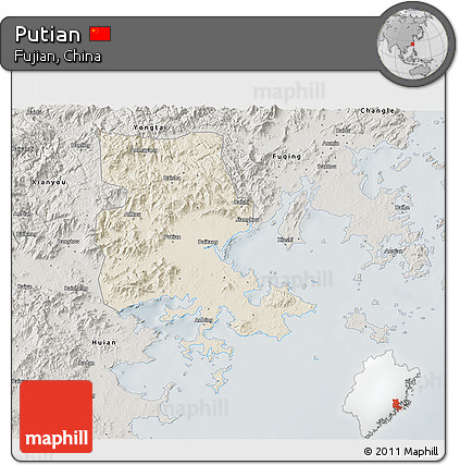 Shaded Relief 3D Map of Putian, semi-desaturated