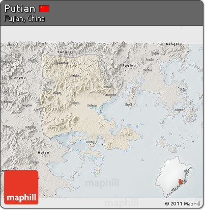 Shaded Relief 3D Map of Putian, semi-desaturated