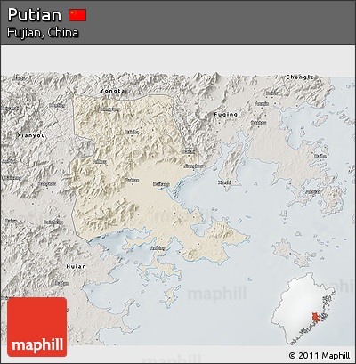 Shaded Relief 3D Map of Putian, semi-desaturated