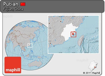 Gray Location Map of Putian, highlighted parent region, hill shading