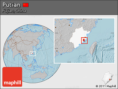 Gray Location Map of Putian, highlighted parent region, hill shading