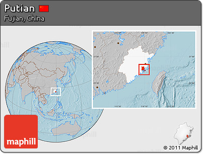 Gray Location Map of Putian, highlighted parent region, hill shading