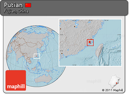 Gray Location Map of Putian, hill shading