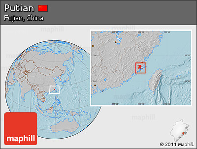 Gray Location Map of Putian, hill shading