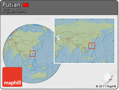 Savanna Style Location Map of Putian, within the entire country, hill shading