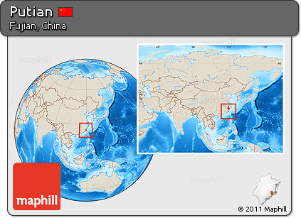 Shaded Relief Location Map of Putian, within the entire country