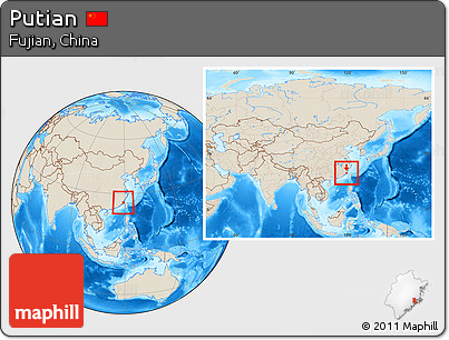 Shaded Relief Location Map of Putian, within the entire country