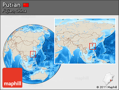 Shaded Relief Location Map of Putian, within the entire country