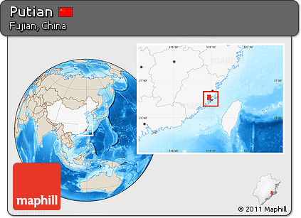 Shaded Relief Location Map of Putian, highlighted country