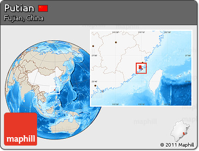Shaded Relief Location Map of Putian, highlighted country