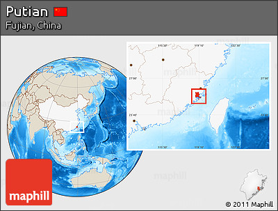 Shaded Relief Location Map of Putian, highlighted country