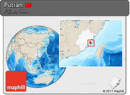 Shaded Relief Location Map of Putian, highlighted parent region