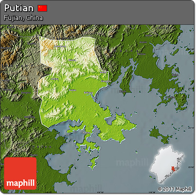 Physical Map of Putian, darken