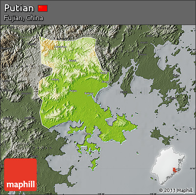 Physical Map of Putian, darken, semi-desaturated