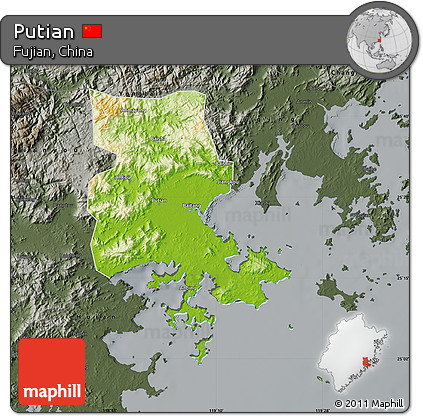 Physical Map of Putian, darken, semi-desaturated