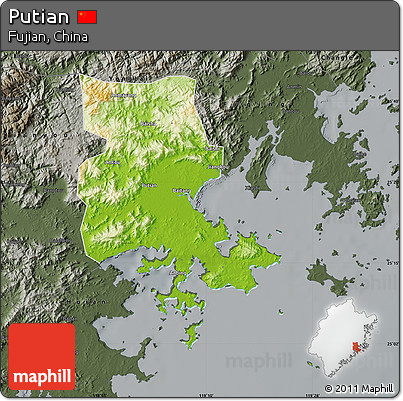 Physical Map of Putian, darken, semi-desaturated