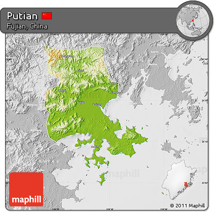 Physical Map of Putian, lighten, desaturated