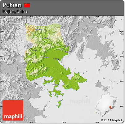 Physical Map of Putian, lighten, desaturated