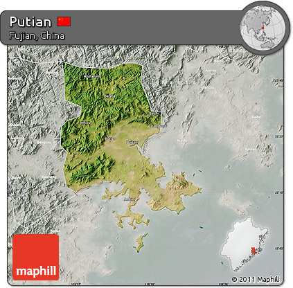 Satellite Map of Putian, lighten, semi-desaturated
