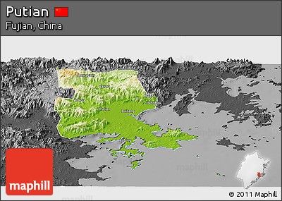 Physical Panoramic Map of Putian, darken, desaturated