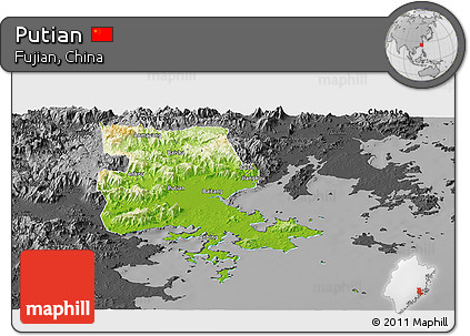 Physical Panoramic Map of Putian, darken, desaturated