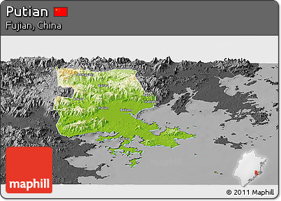 Physical Panoramic Map of Putian, darken, desaturated