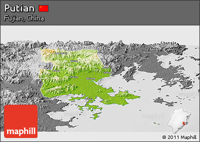 Physical Panoramic Map of Putian, desaturated