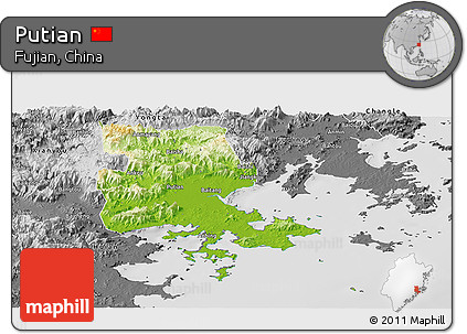 Physical Panoramic Map of Putian, desaturated