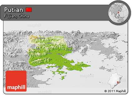 Physical Panoramic Map of Putian, lighten, desaturated